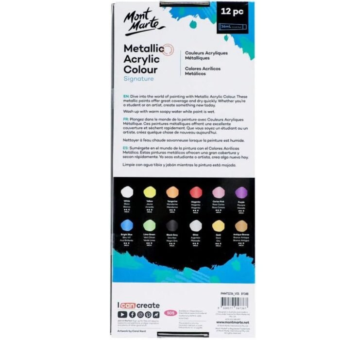 Mont Marte Metallic Acrylic Paint Set 12pc x 36ml