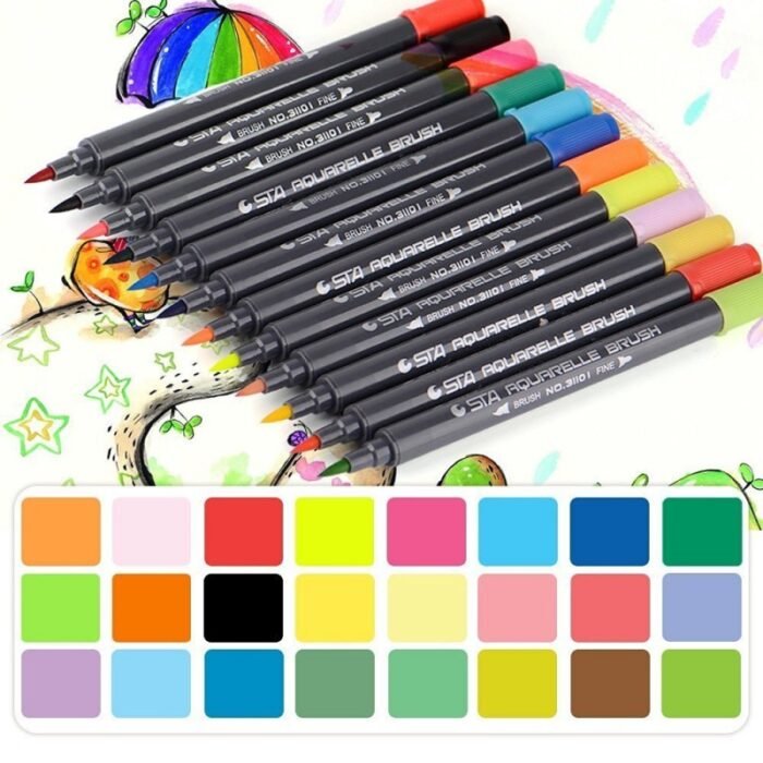 STA Dual Tip Waterbase Brush Pen, Markers Pack of 12