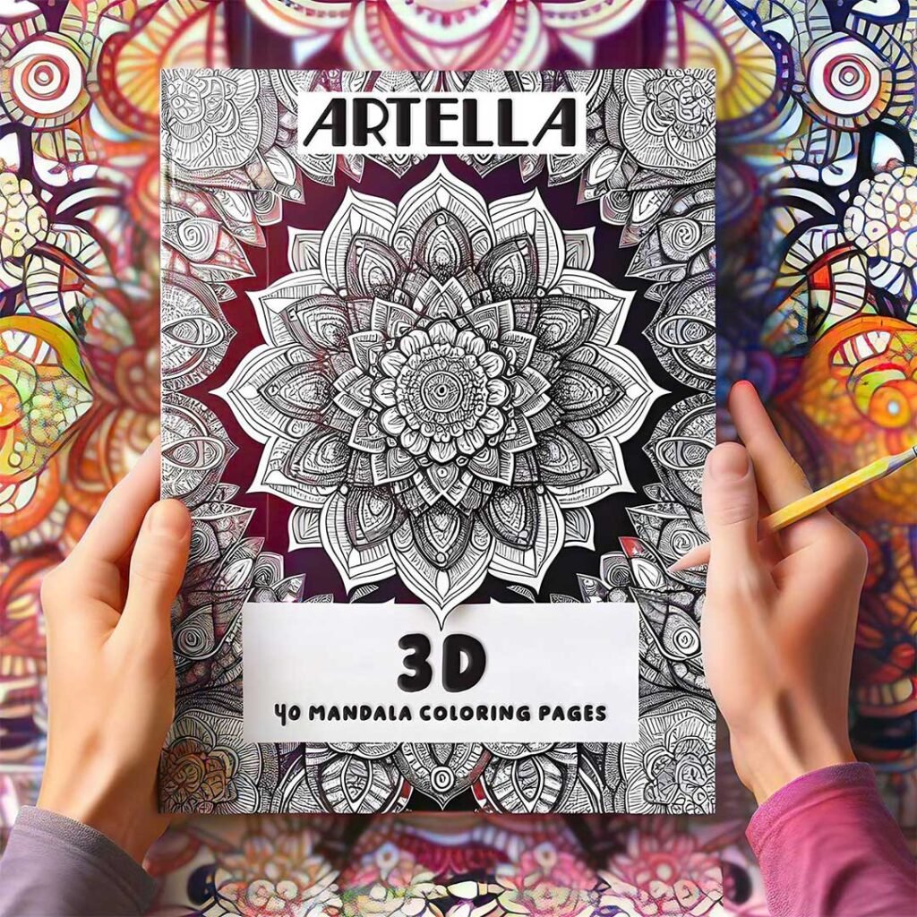 3D mandala coloring book with 40 unique designs, perfect for pencils and markers, 8.5 x 8.5 inches.