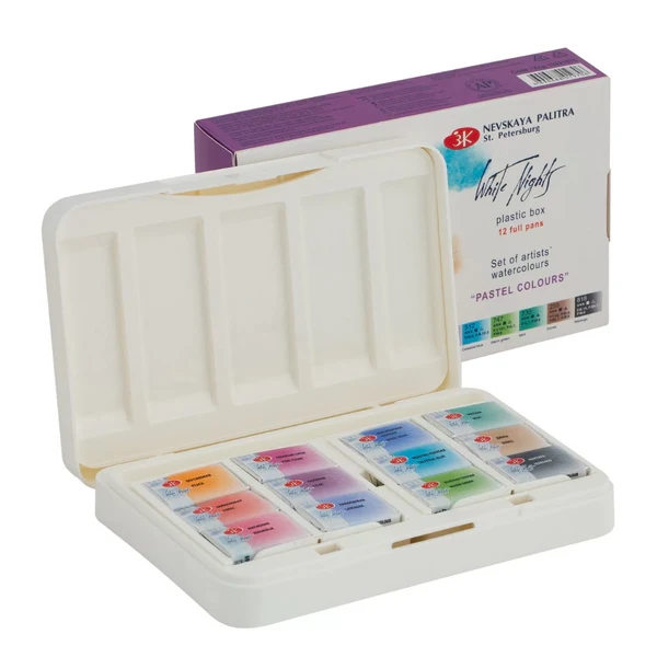 White Nights Artist Watercolor set of 12 Full Pans Pastel Theme Plastic Box - Image 1